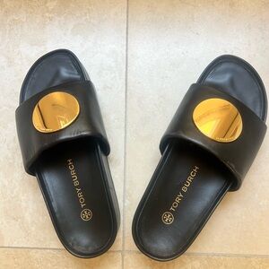Tory Burch Patos Black Sandals with Gold Accent